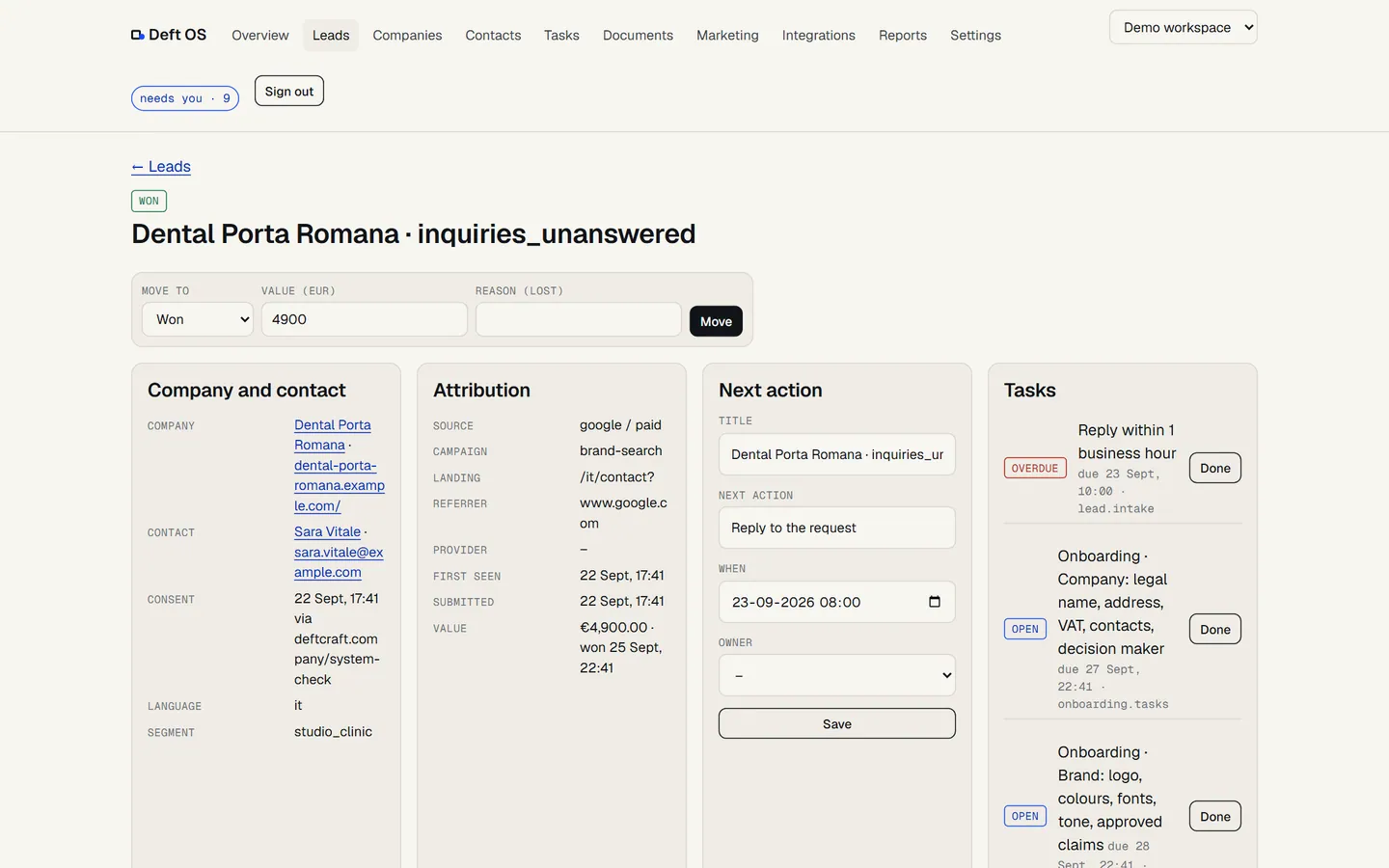 Deft OS · a lead page with attribution, tasks and timeline (demo workspace)