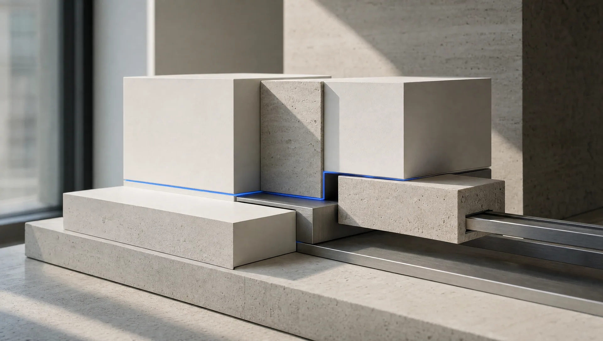 Una estructura modular de bloques de piedra clara unidos por una fina línea de luz, sobre una superficie de piedra con luz de mañana.