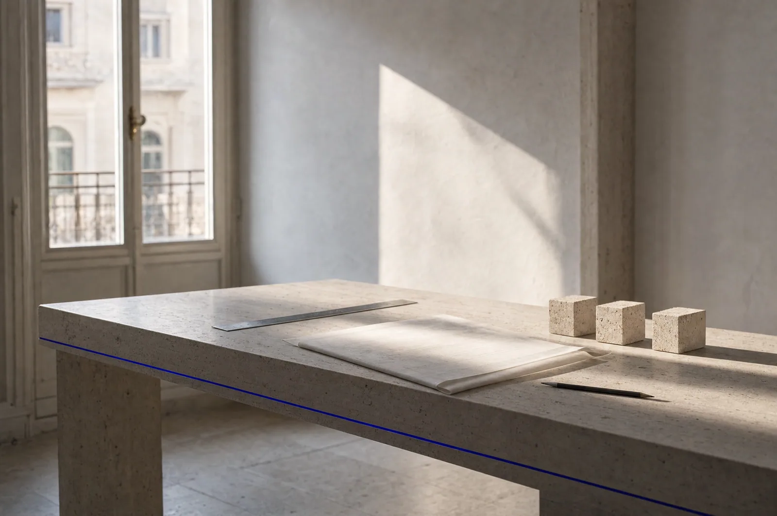 A calm studio space with white plaster walls, a long stone table with drawing tools and a steel ruler, in daylight.